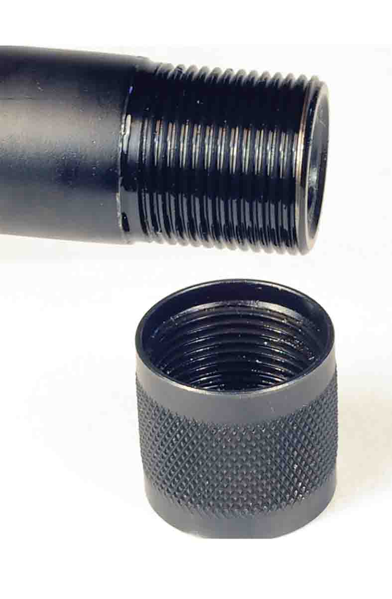 The muzzle is threaded to accept after-market accessories, like muzzle brakes. A cap protects the threads.